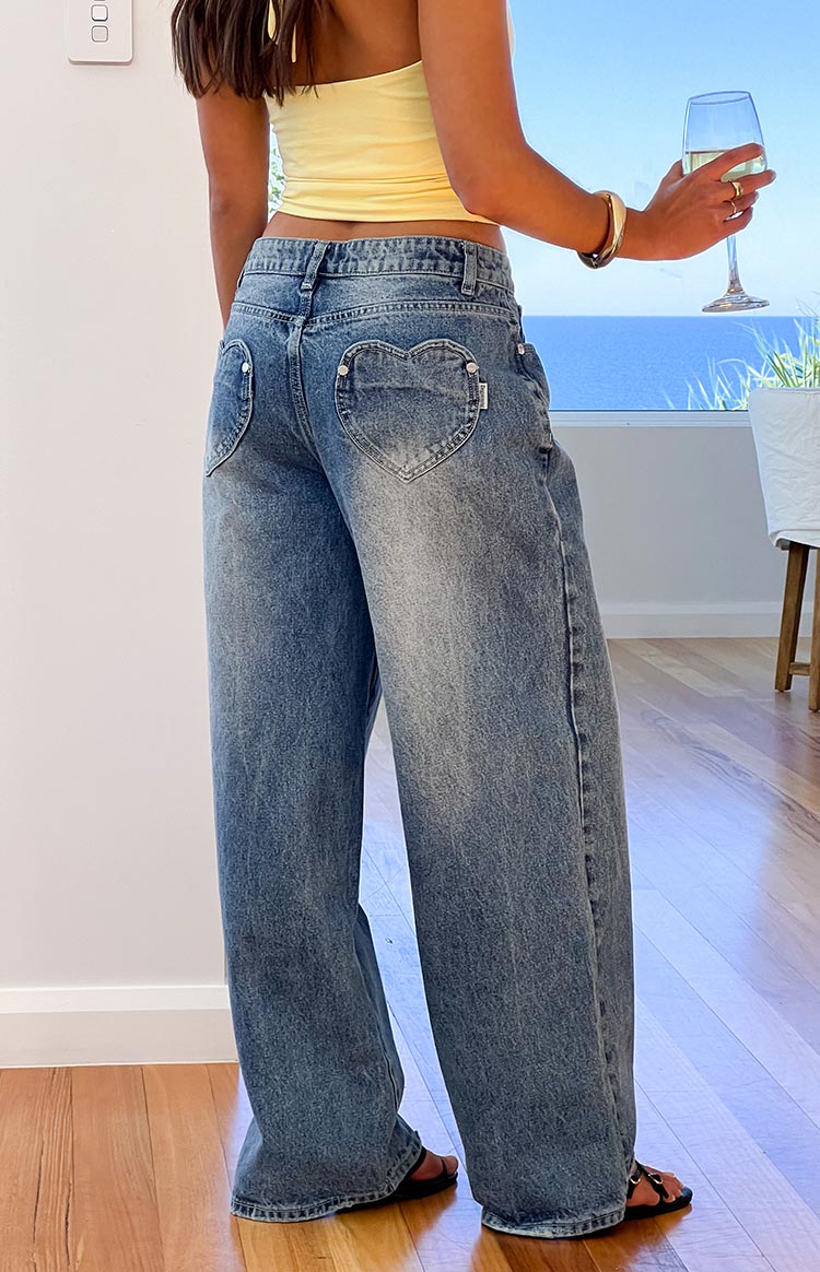 Lovers Lane Mid Wash Denim Heart Pocket Slouchy Jeans - PRE ORDER