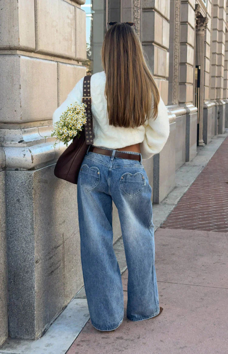Lovers Lane Mid Wash Denim Heart Pocket Slouchy Jeans - PRE ORDER