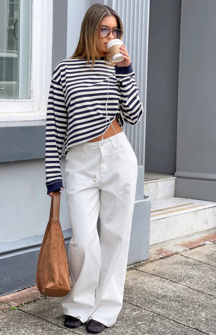 Lovers Lane White Denim Heart Pocket Slouchy Jeans