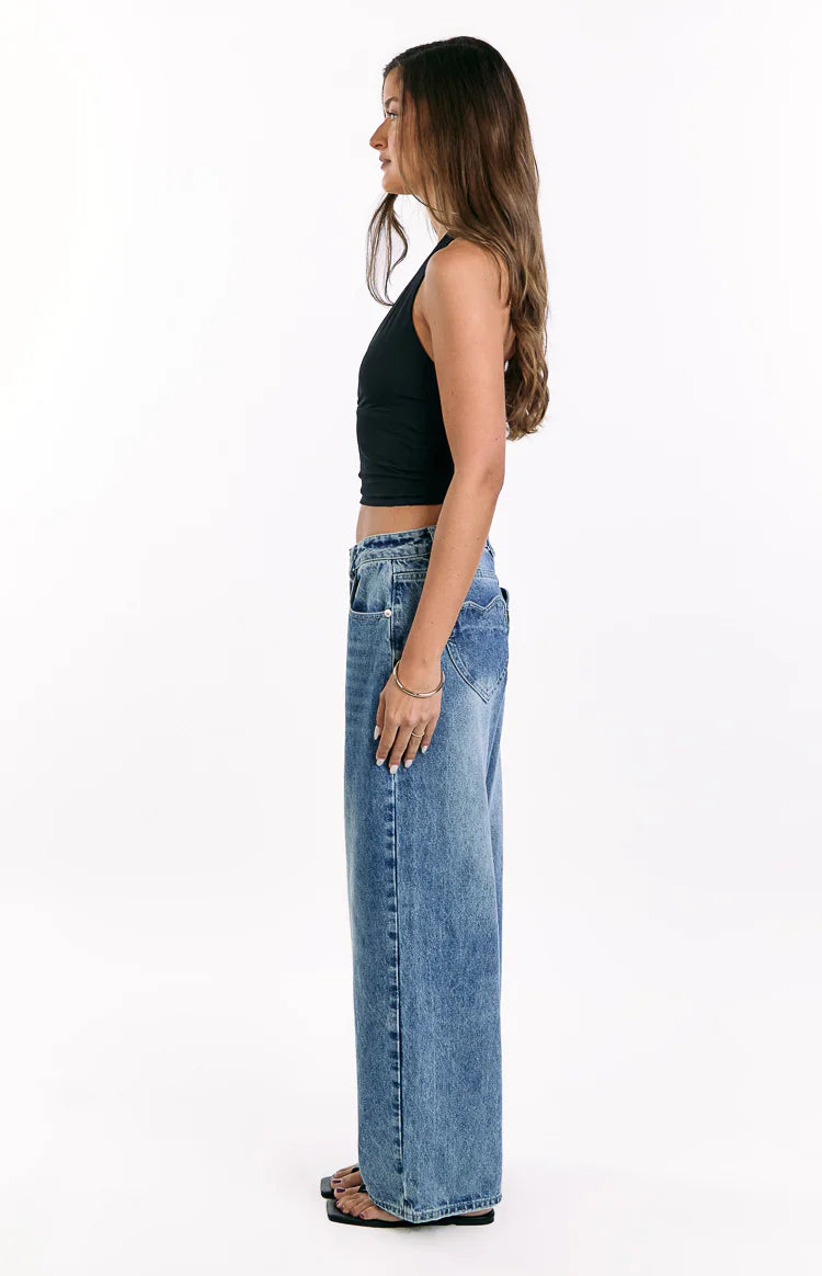 Lovers Lane Mid Wash Denim Heart Pocket Slouchy Jeans - PRE ORDER