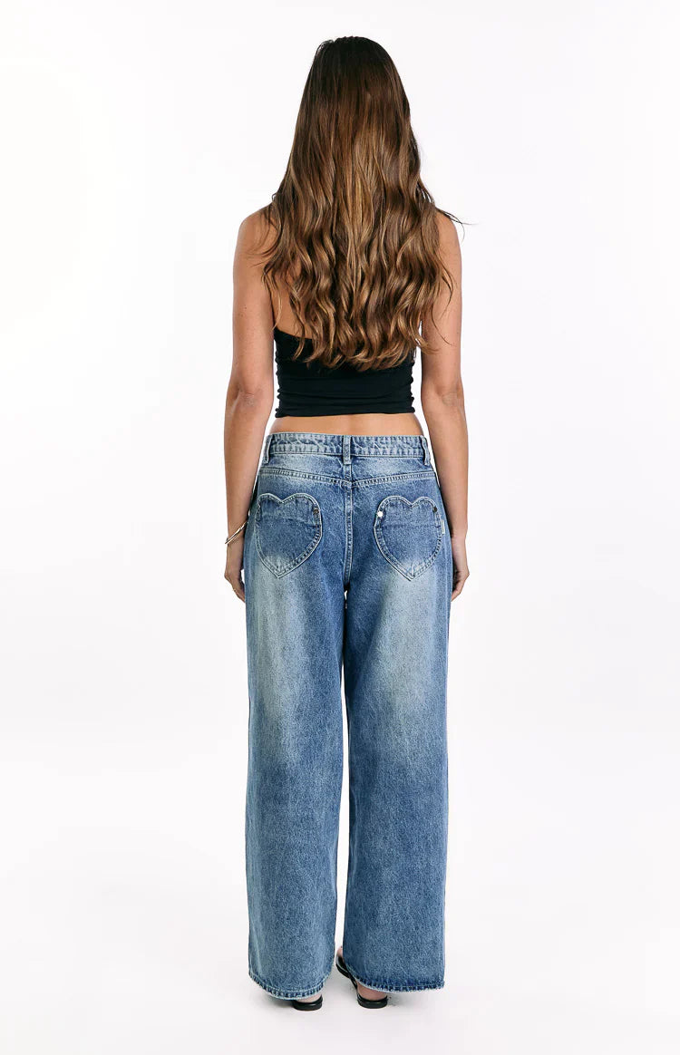 Lovers Lane Mid Wash Denim Heart Pocket Slouchy Jeans - PRE ORDER