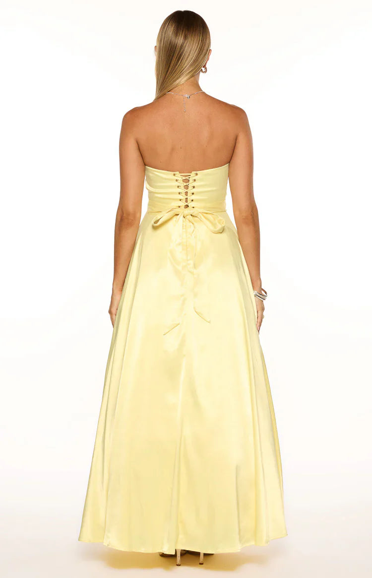 Lucy Yellow Strapless Satin Formal Maxi Dress