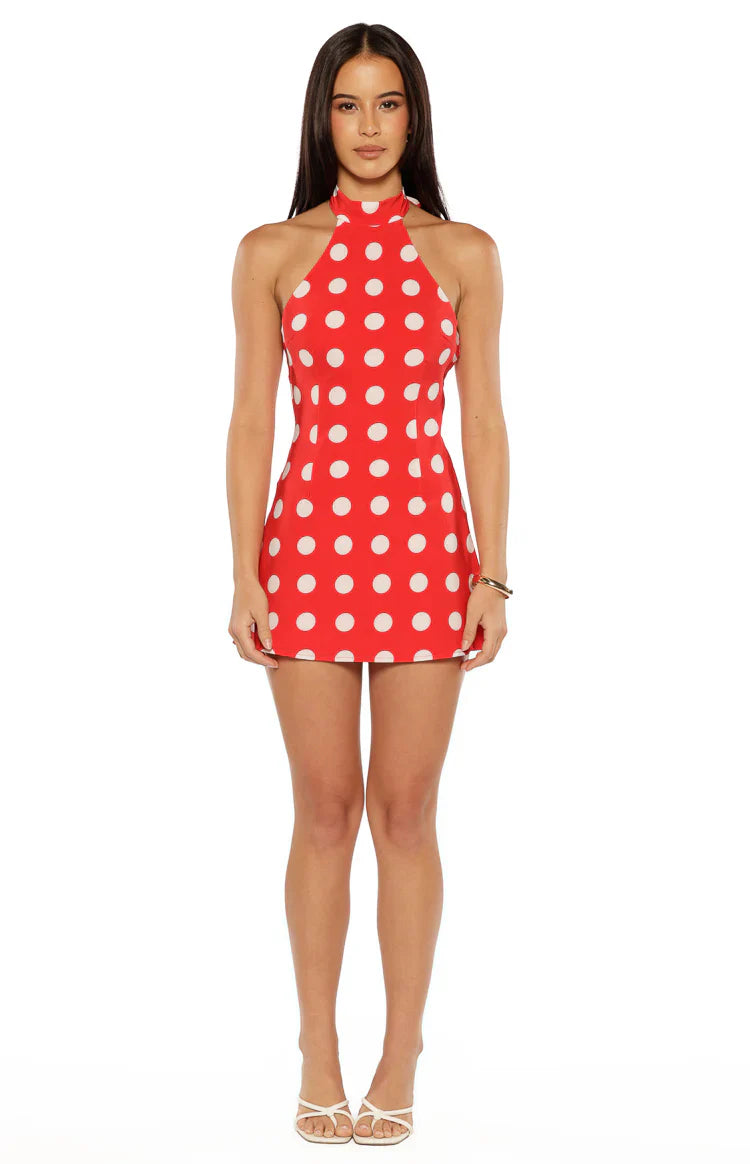 Maia Red Spot Halter Neck Mini Dress