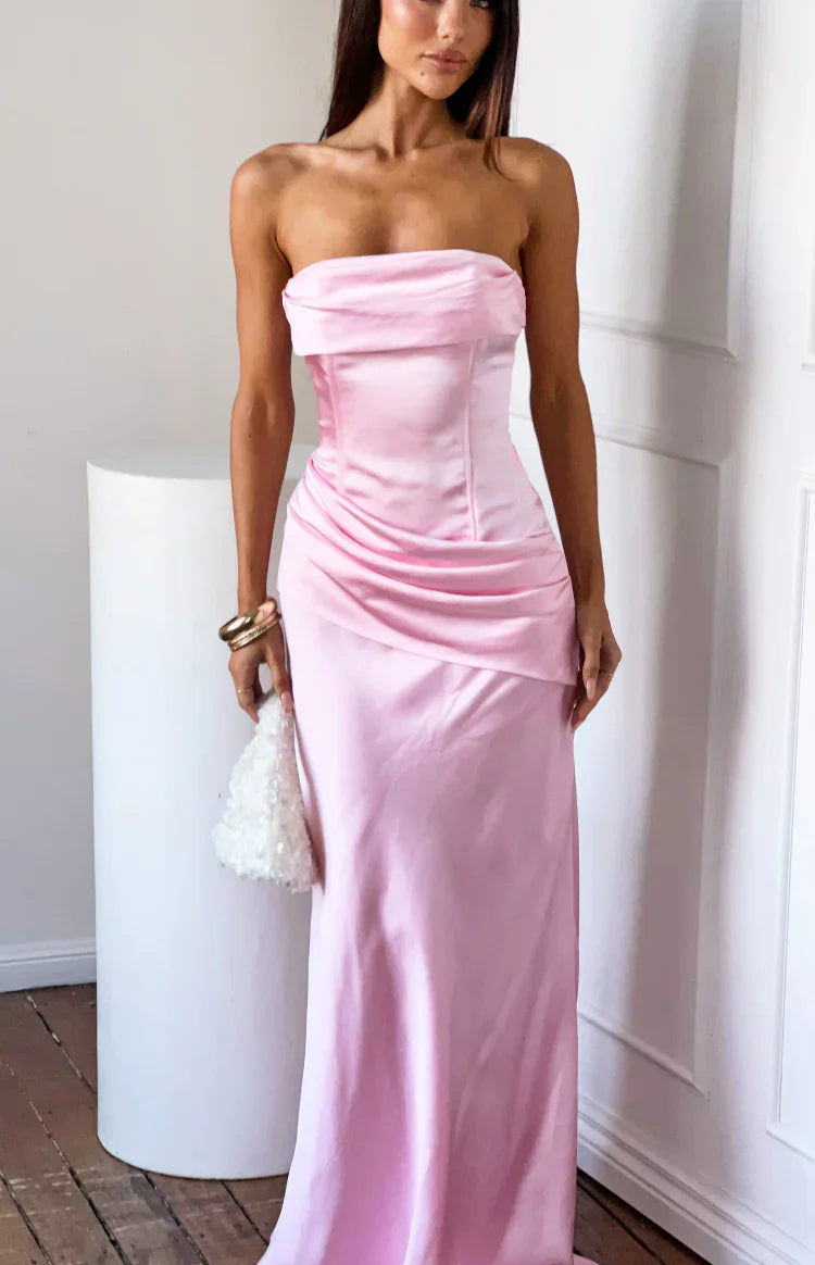 Malorie Pink Satin Strapless Maxi Dress