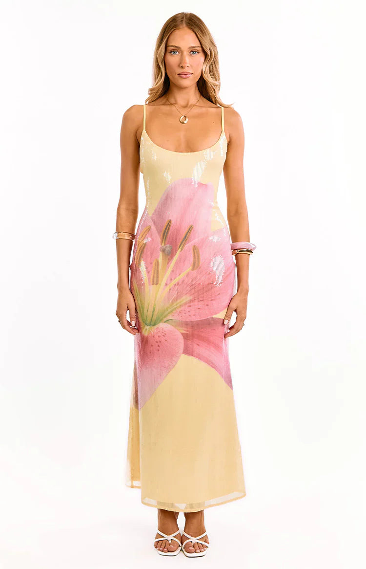 Marchelle Yellow Floral Sequin Maxi Dress