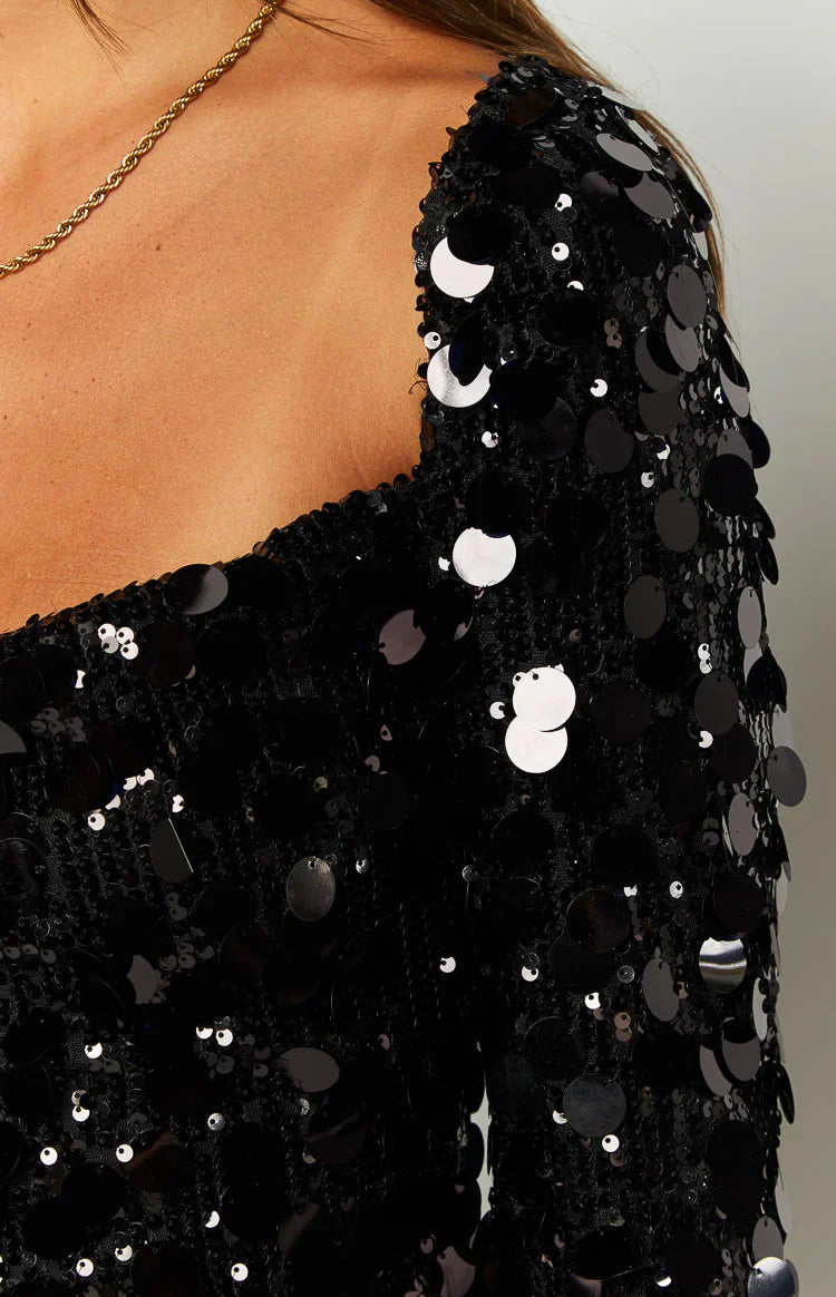 Marienne Black Large Sequin Long Sleeve Mini Dress