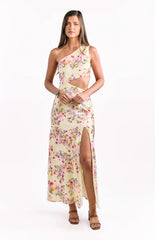 Mellick Yellow Bloom Satin Maxi Dress