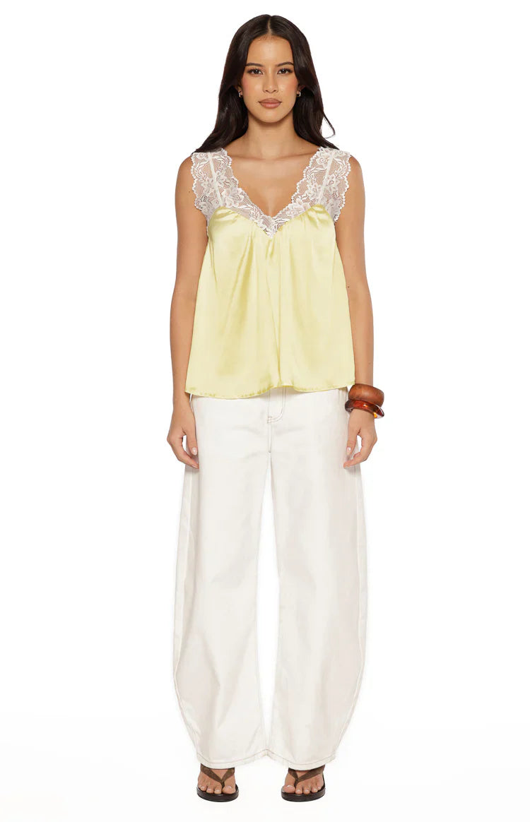Mira Yellow Satin Lace Detail Top
