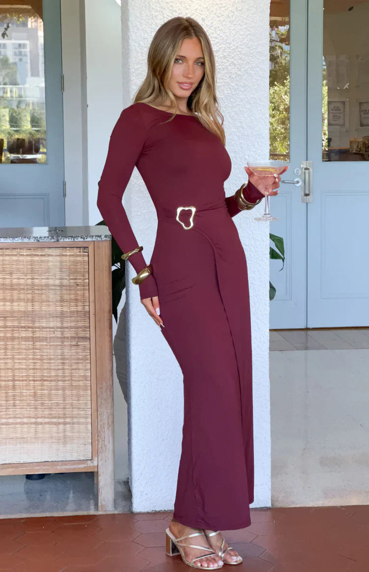 Misaki Burgundy Long Sleeve Wrap Maxi Dress