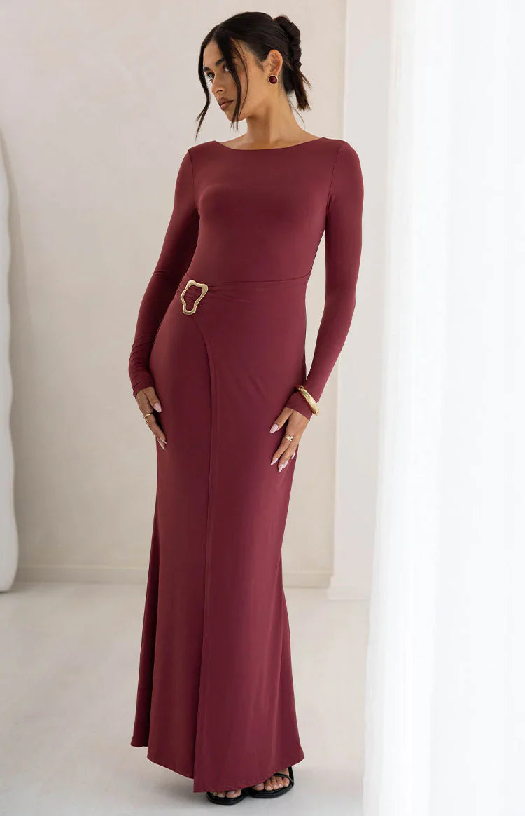 Misaki Burgundy Long Sleeve Wrap Maxi Dress