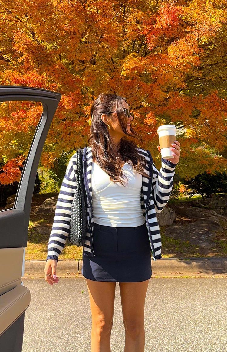 Mollie Navy Stripe Knit Zip Sweater