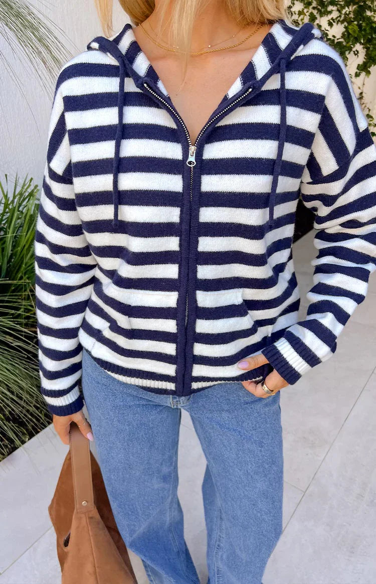 Mollie Navy Stripe Knit Zip Sweater