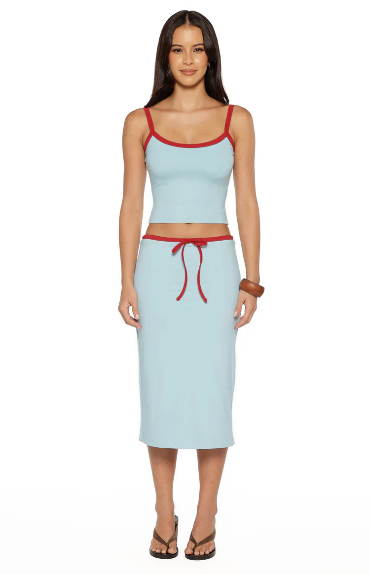 Myles Blue Tie Waist Jersey Midi Skirt