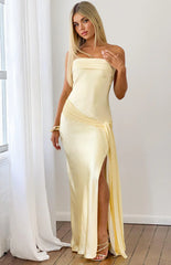 Novie Yellow Tie Detail Satin Strapless Maxi Dress