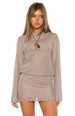 Obie Brown Sheer Mesh Stud Hem Mini Dress