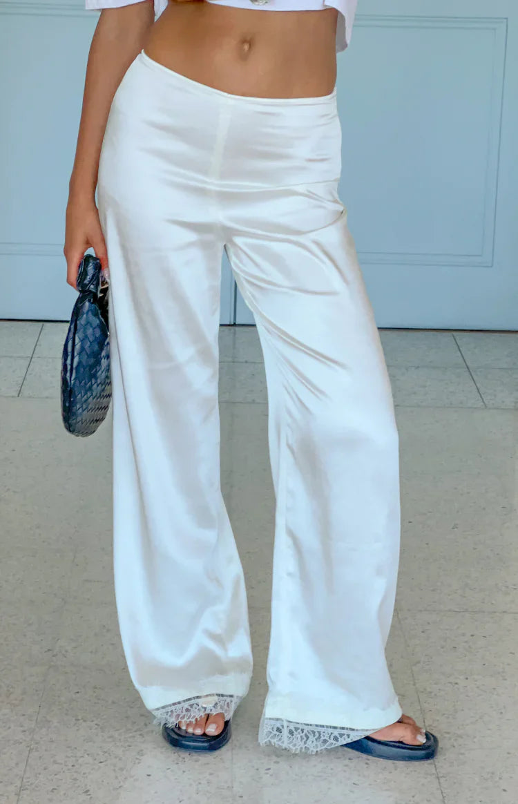 Orla Ivory Satin Straight Leg Lace Trim Pants