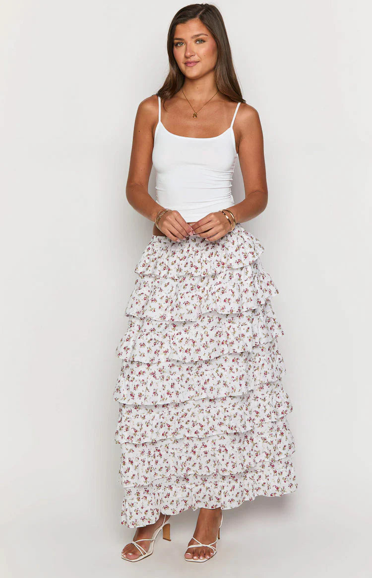 Paisley White Floral Ruffle Maxi Skirt