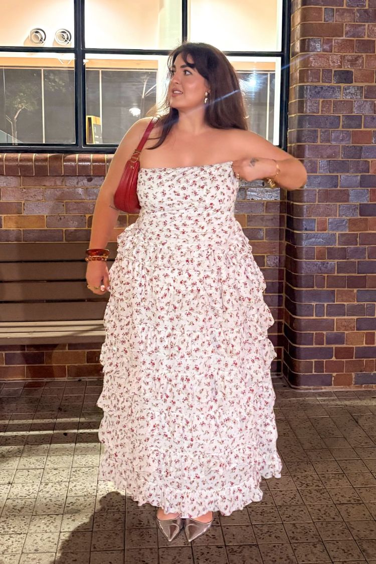Paisley White Floral Ruffle Maxi Skirt