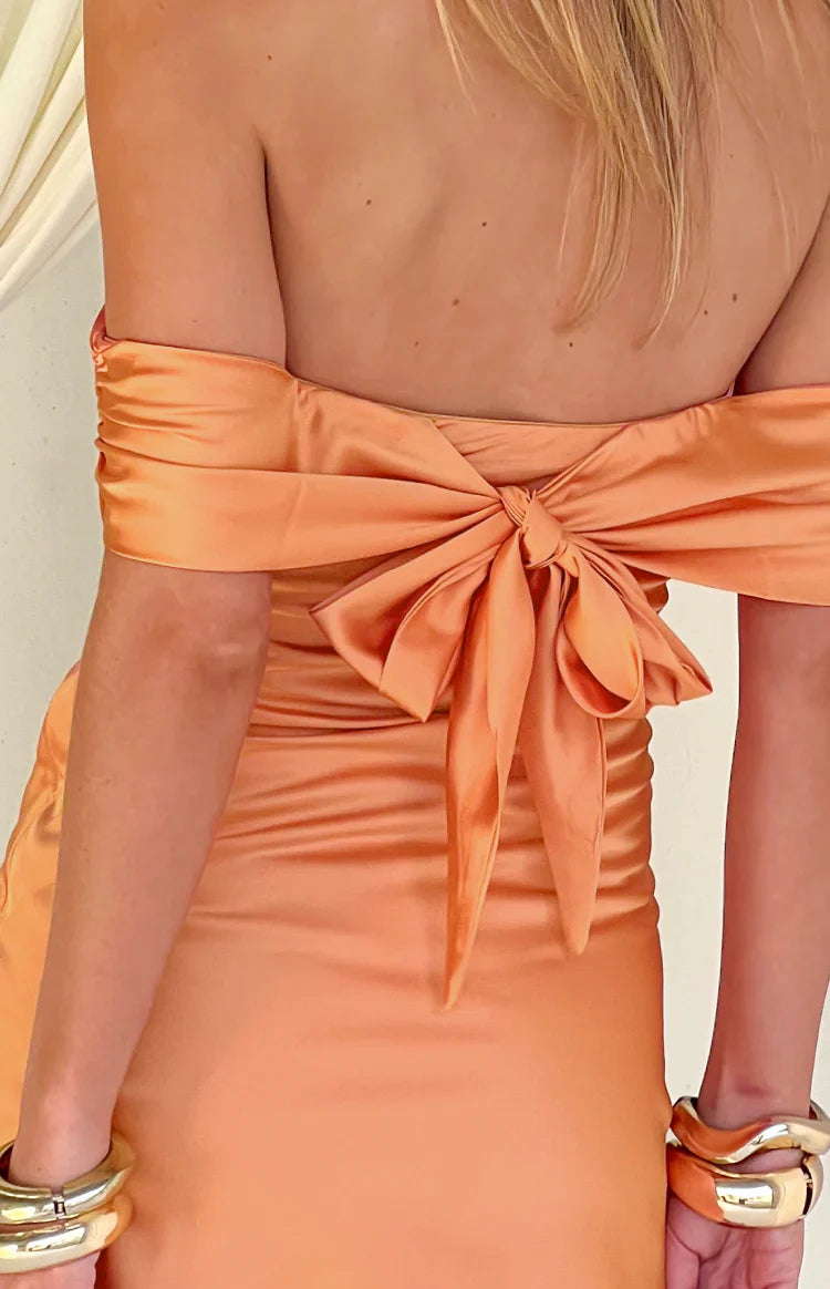 Primrose Orange Satin Off the Shoulder Mini Dress