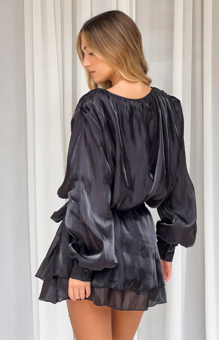 Quinton Black Satin Long Sleeve Tie Mini Dress