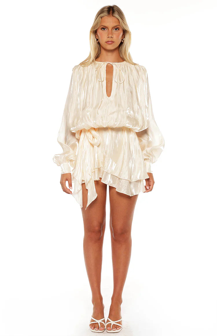 Quinton Pearl Satin Long Sleeve Tie Mini Dress