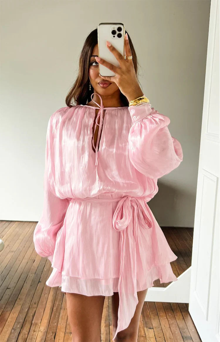 Quinton Pink Satin Long Sleeve Tie Mini Dress