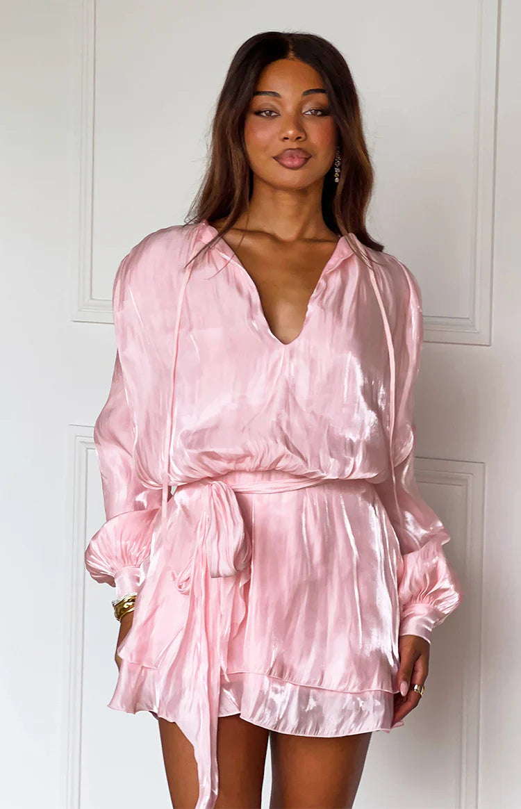 Quinton Pink Satin Long Sleeve Tie Mini Dress