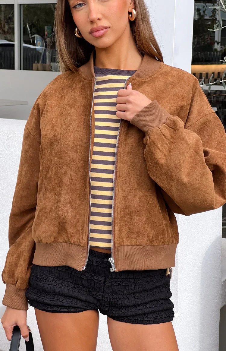 Rebecca Tan Cuffed Suedette Bomber Jacket