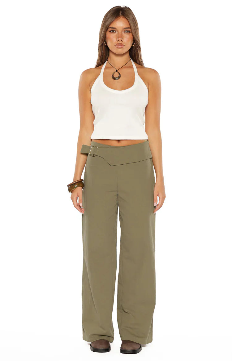 Rewind Green Buckle Detail Straight Leg Pants
