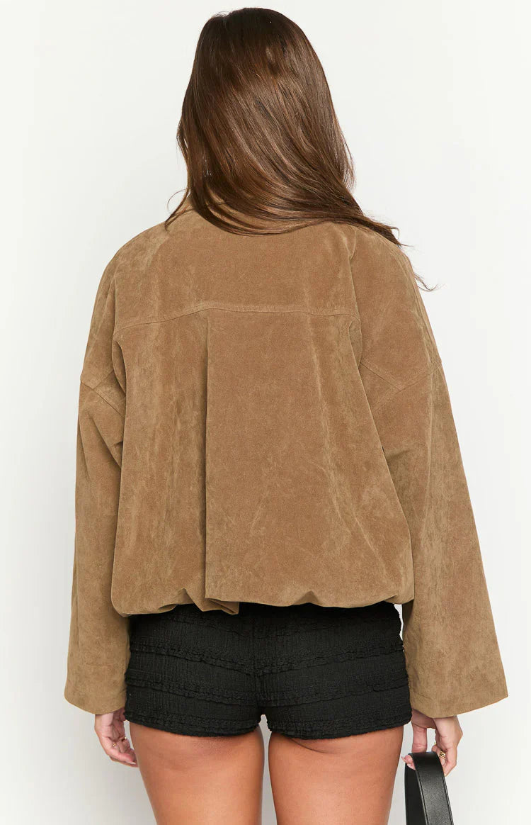 River Brown Suedette Bubble Hem Bomber Jacket