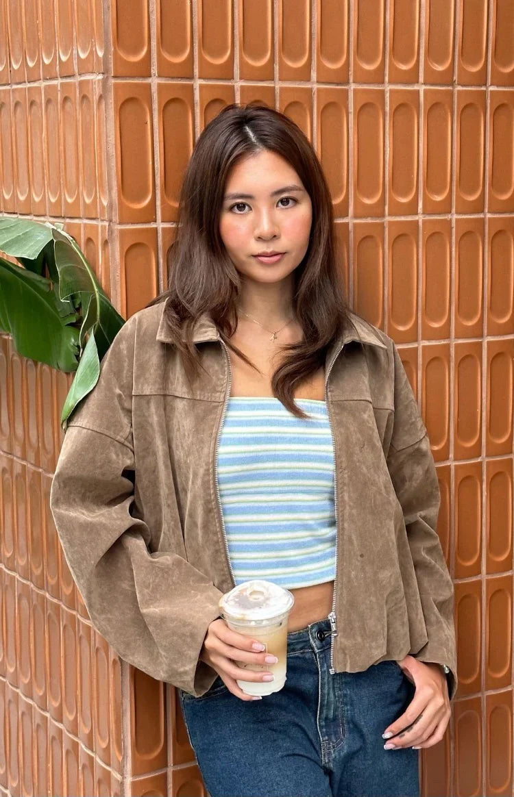 River Brown Suedette Bubble Hem Bomber Jacket