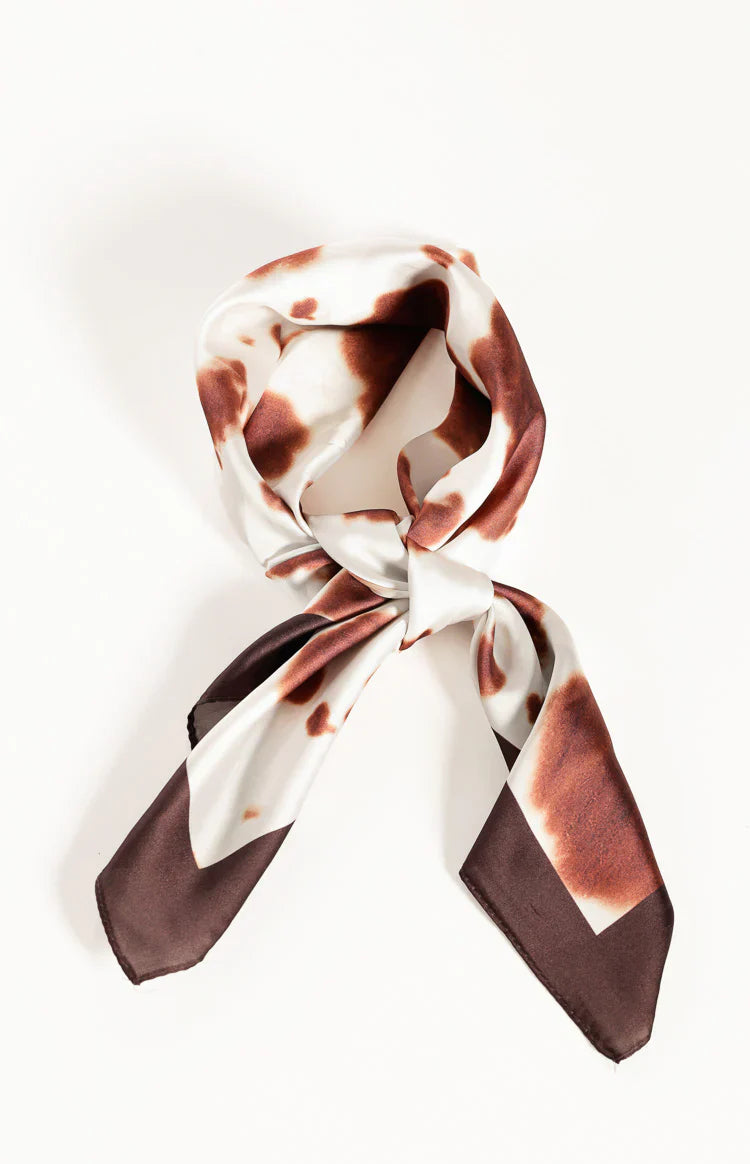 Roxy Brown Cow Print Multi Wear Satin Scarf