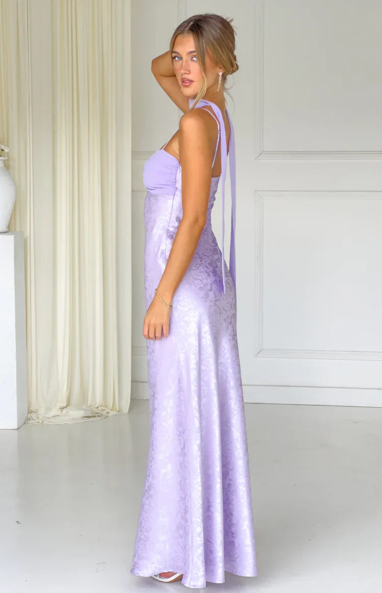 Ruthie Lilac Floral Satin Scarf Maxi Dress