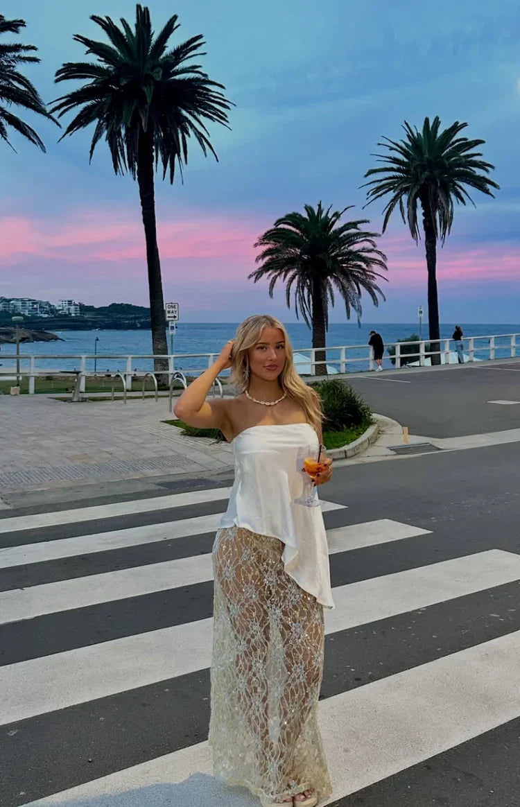 Sabella White and Blue Sequin Lace Maxi Skirt - PRE ORDER