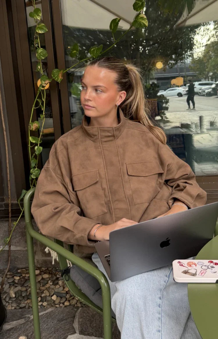Sapna Brown Oversized Funnel Neck Suedette Jacket