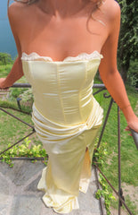 Sasha Yellow Ruched Twist Satin Maxi Dress