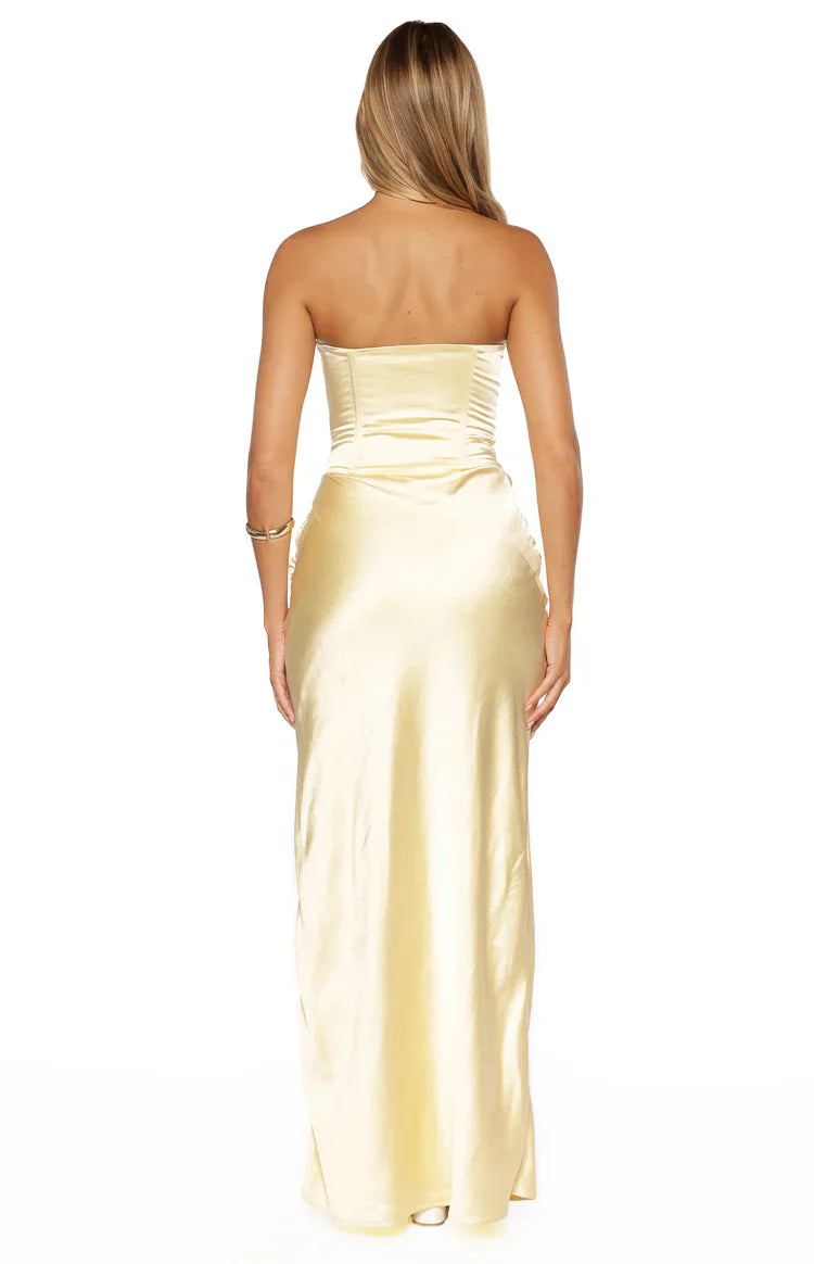 Sasha Yellow Ruched Twist Satin Maxi Dress