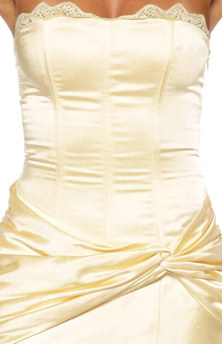 Sasha Yellow Ruched Twist Satin Maxi Dress