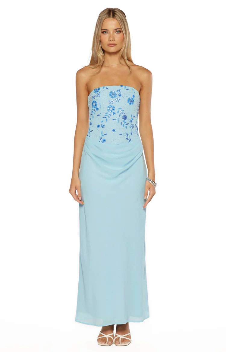 Serenity Blue Strapless Beaded Party Maxi Dress