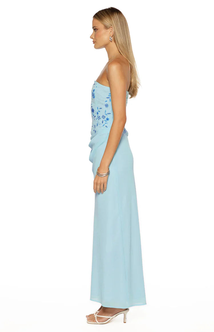 Serenity Blue Strapless Beaded Party Maxi Dress