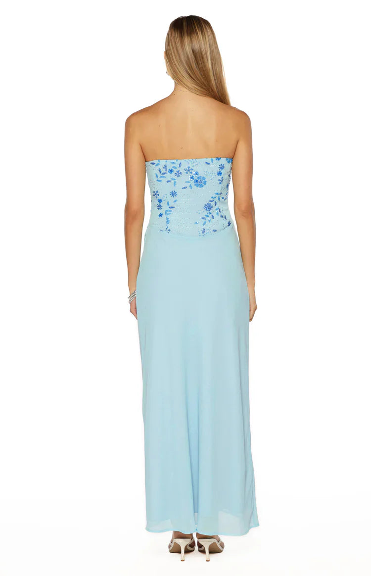 Serenity Blue Strapless Beaded Party Maxi Dress
