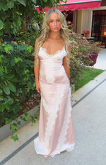 Shanae Pink Satin Lace Trim Maxi Dress