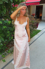 Shanae Pink Satin Lace Trim Maxi Dress
