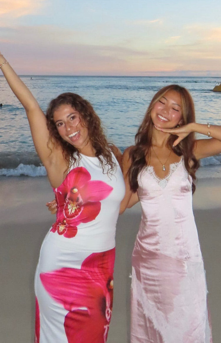 Shanae Pink Satin Lace Trim Maxi Dress