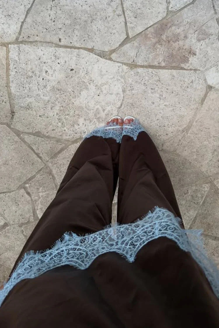 Shirley Lace Trim Brown Satin Pants