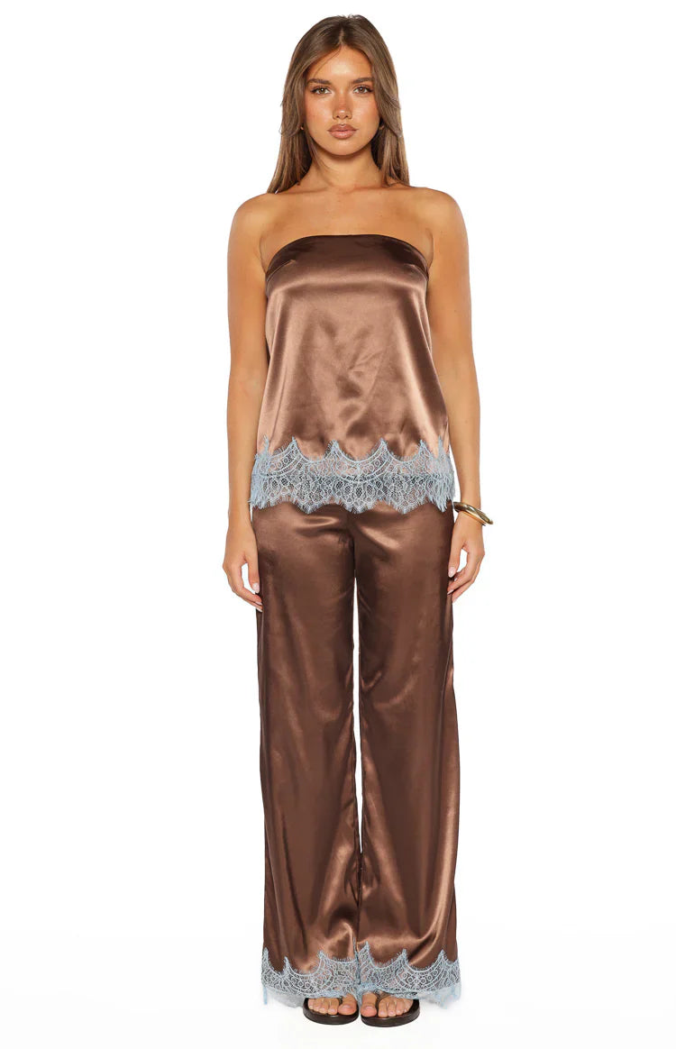 Shirley Lace Trim Brown Satin Pants