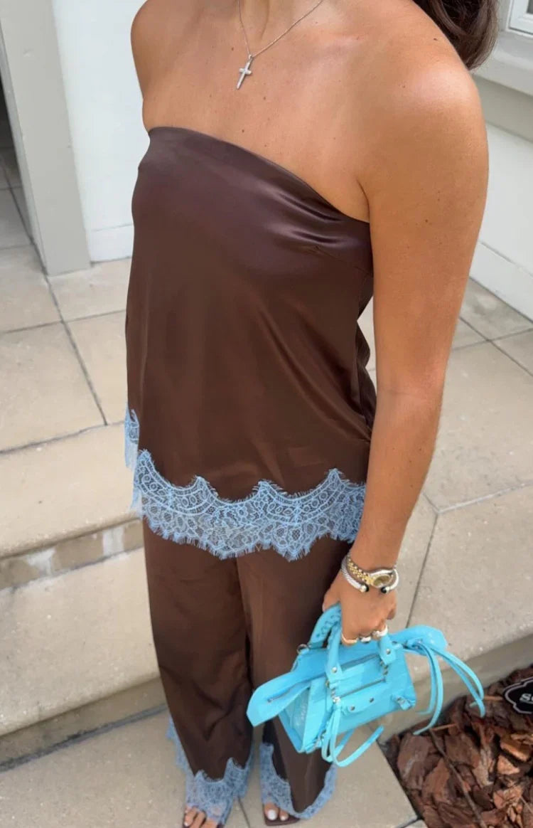 Shirley Brown Satin Lace Trim Strapless Top