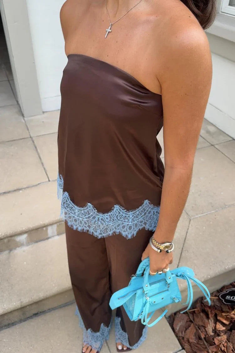 Shirley Brown Satin Lace Trim Strapless Top