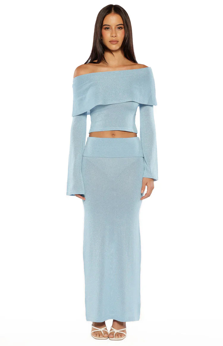 Simona Blue Long Sleeve Off Shoulder Knit Top