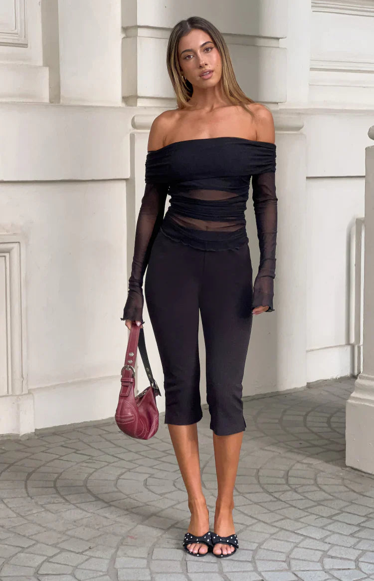 Sky Black Mesh Off Shoulder Top